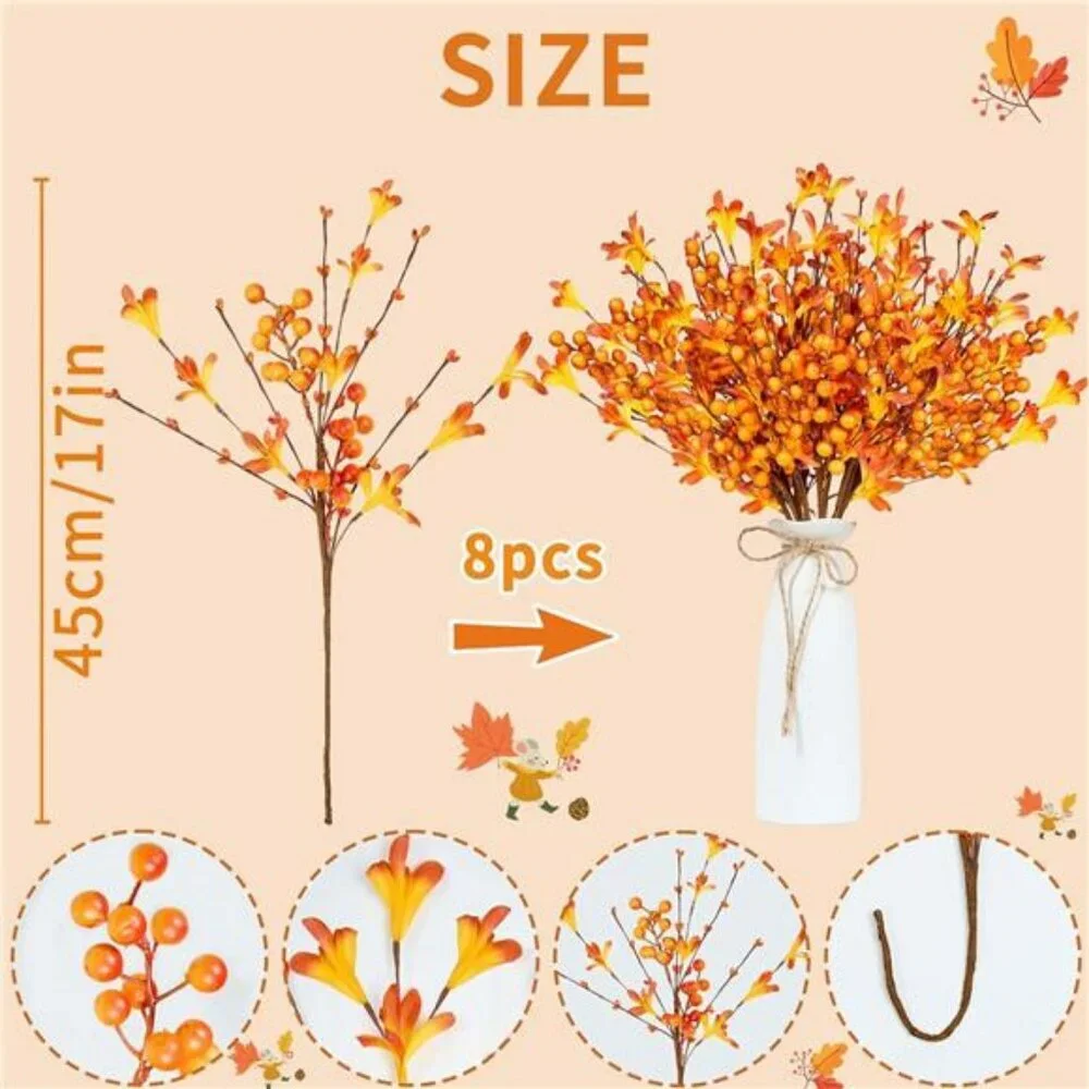 8pcs artificial fall flowers orange berry stems thanksgiving autumn vase centerp